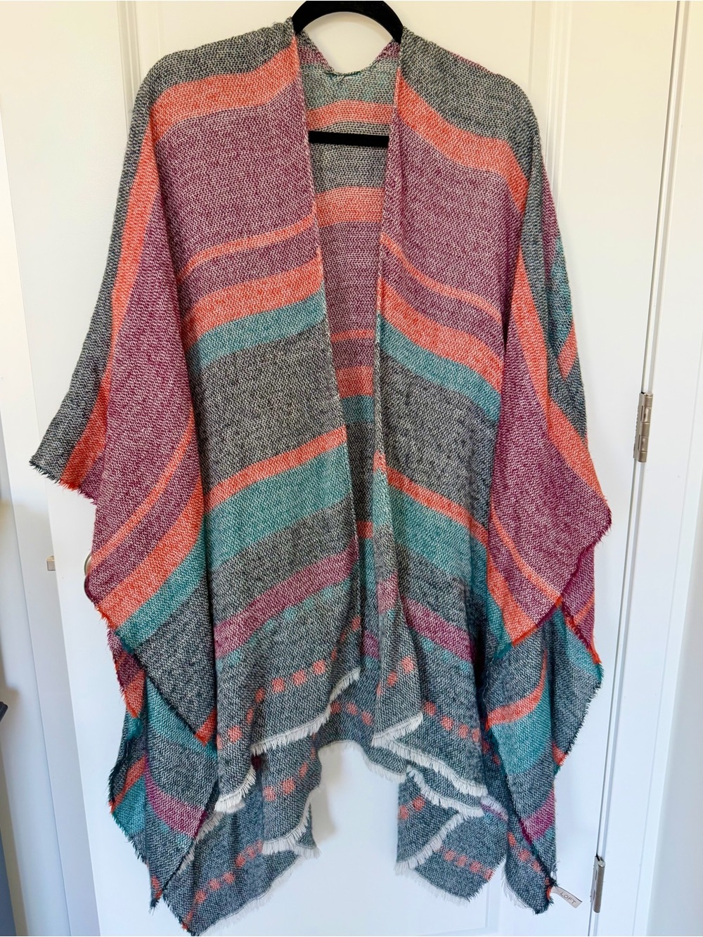 LOFT Striped Open-Front Poncho Sweater in Navy, Burgundy, Coral & Teal